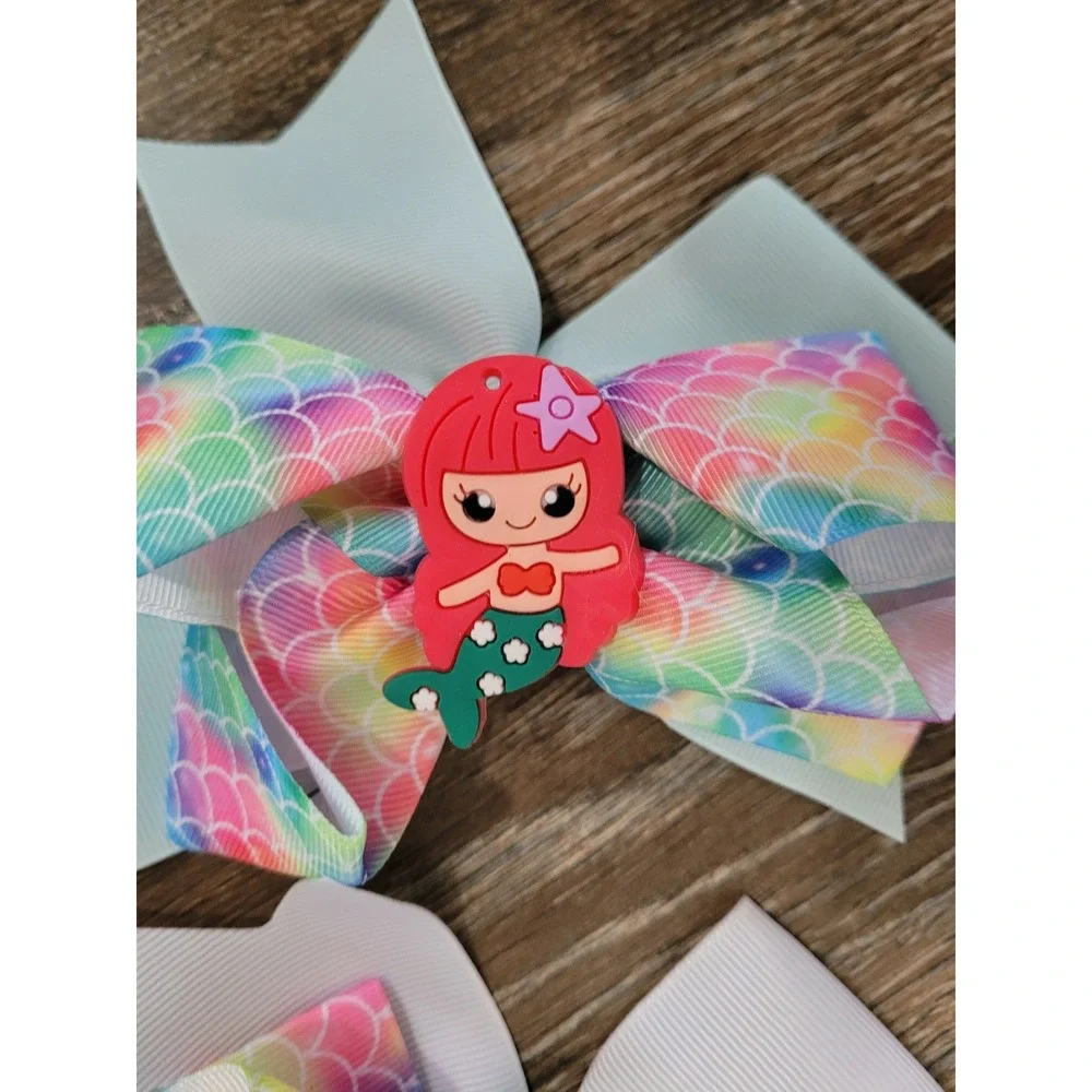 5pc Mermaid Hair Bows Grosgrain Rainbow Scale Alligator Clips 5